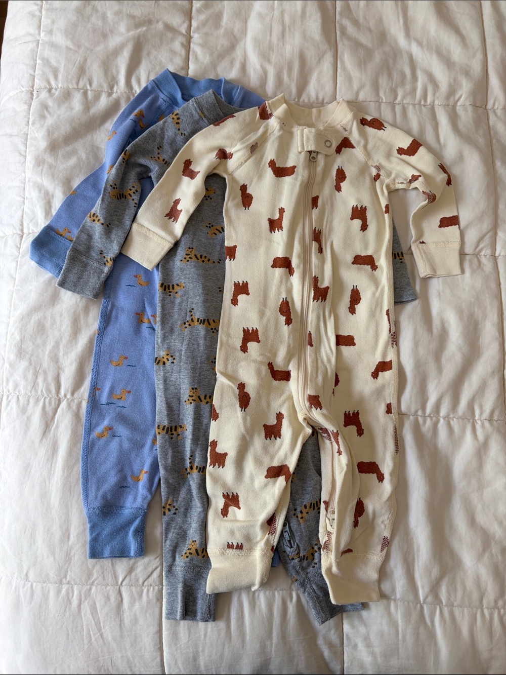 3x Hanna Andersson Cream, Blue & Gray Animal Print baby onesies